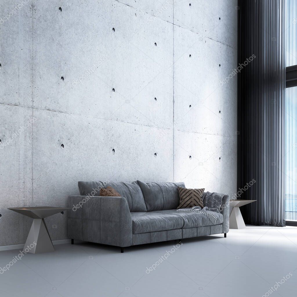 The modern cozy interior design of living room and concrete wall texture background