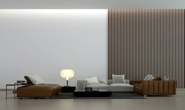 Çift kişilik oturma odası, beton duvar ve ahşap duvar arka planının modern tropikal iç tasarımı