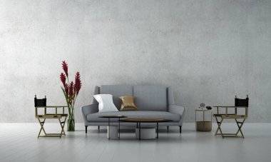 Modern tropikal iç tasarım oturma odası ve beton duvar arka planı