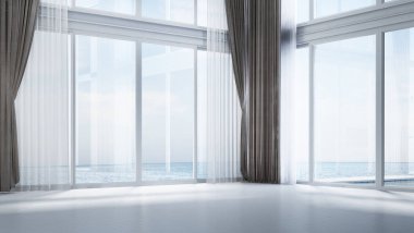 Çift katlı boş oturma odası, beton duvar ve deniz manzarası arka planının modern iç tasarımı