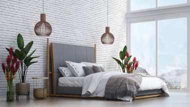 Çift katlı yatak odasının modern tropikal iç tasarımı ve beton duvar ve deniz manzaralı arka plan