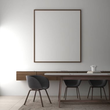 Yemek odası, minyatür masa, sandalye ve beton duvar arka planının çatı katı tasarımı.