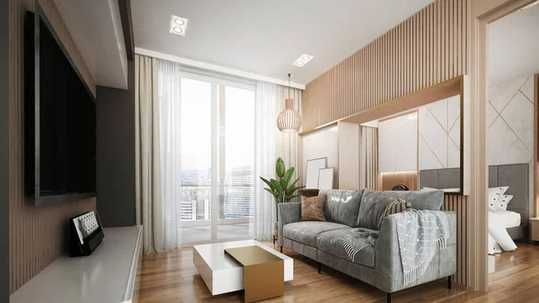 Modern Luxe Interieur Van Penthouse Woonkamer Slaapkamer — Stockfoto