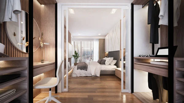衣柜和卧室空间步行的现代豪华室内设计 — 图库照片