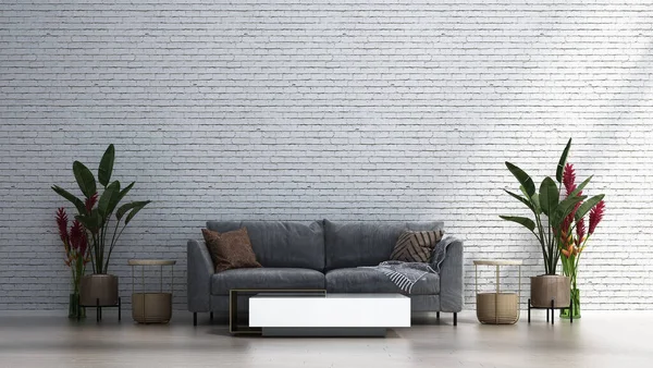 The white brick wall living room interior design. Wall mock up in scandinavian interior. Interior wall mock up. Wall art. 3d rendering, 3d illustration