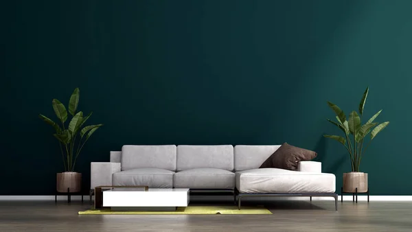 The green wall living room interior design. Wall mock up in scandinavian interior. Interior wall mock up. Wall art. 3d rendering, 3d illustration