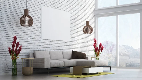 The modern loft living room interior design. Wall mock up in scandinavian interior. Interior wall mock up. Wall art. 3d rendering, 3d illustration