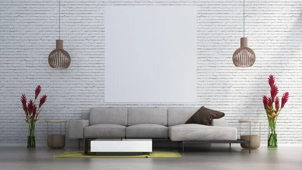 The living room interior design. Wall mock up in scandinavian interior. Interior wall mock up. Wall art. 3d rendering, 3d illustration