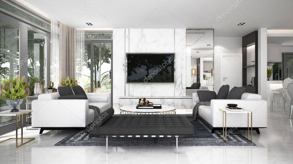 The luxury living room interior design. Wall mock up in scandinavian interior. Interior wall mock up. Wall art. 3d rendering, 3d illustration 