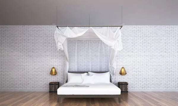 Moderne Schöne Innenarchitektur Von Schlafzimmer Und Ziegelwand Textur Hintergrund — Stockfoto