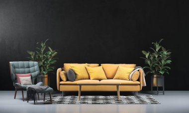 Modern evde, kanepede, masada, sehpada, döşemede ve bitkilerde güzel, rahat, siyah bir oturma odası ve yan masa.
