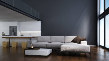 Modern evde çok az oturma odası, çift kibir, beyaz duvar, kanepe, masa, yan masa ve döşeme.