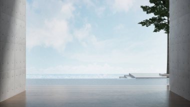 Modern evde çok güzel, minimal oturma odası ve boş bir yer. Çift kibir, beyaz duvar, kanepe, masa, yan masa ve fayansla döşenmiş.