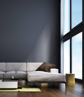 Modern evde çok güzel, minimal oturma odası ve gri duvar. Çift kibir, beyaz duvar, kanepe, masa, yan masa ve fayansla kaplı.