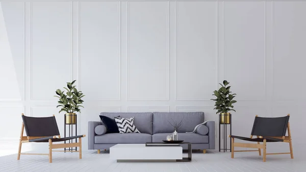 ダブル虚栄心 白い壁 ソファ テーブル サイドテーブル タイルの床と現代の家庭で美しい最小限の白いリビングルームとサイドテーブル — ストック写真