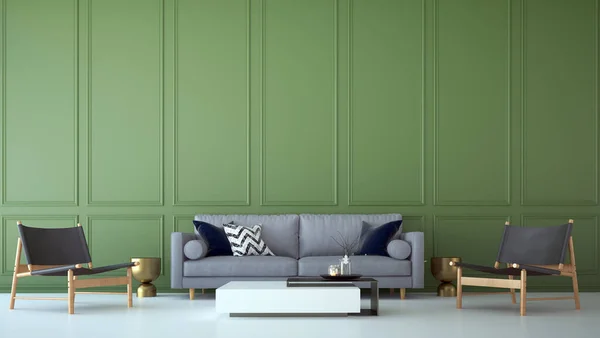 Piękny Zielony Salon Wzór Ściany Nowoczesnym Domu Podwójną Próżnością Biała — Zdjęcie stockowe