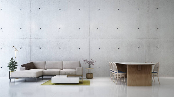 Красивая гостиная на чердаке и обеденный стол в современном доме с двойной тщеславием, белой стеной, диваном, столом, тумбочкой, плиточным полом и обеденным столом 