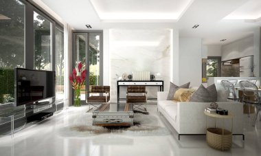 Modern lüks oturma odası ve kiler ve yemek odası iç tasarım ve beton duvar arka planı ve bahçe manzarası