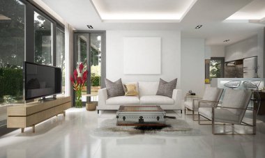 Modern oturma odası ve kiler ve yemek odası iç tasarım ve beton duvar arka planı ve bahçe manzarası