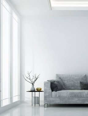 Konforlu oturma odası iç tasarımı ve beyaz beton duvar arkaplanı. 