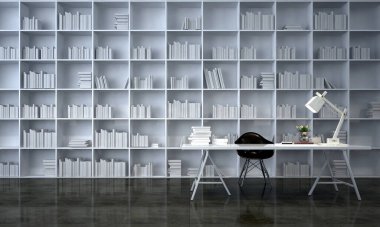 Modern lüks konforlu oturma odası ve çalışma odası iç tasarım ve beyaz kitaplık arka plan 