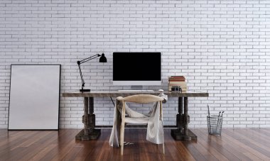 Modern konforlu yeni normal oturma odası ve her yerden çalışmak için masaüstü bilgisayarı iç tasarım ve tuğla duvar arka planı 