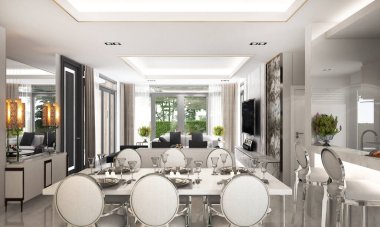 Modern lüks konforlu oturma odası iç tasarım ve yemek odası alanı ve beyaz duvar arka planı ve bahçe manzarası