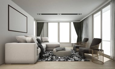 Modern lüks konforlu oturma odası iç tasarım ve beton duvar arka planı 