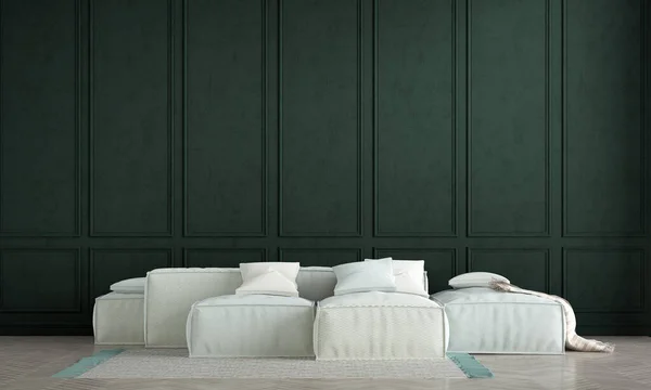 Nowoczesny Salon Wystrój Wnętrz Zielony Wzór Tło Ściany Białą Sofę — Zdjęcie stockowe