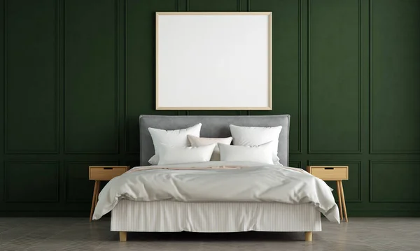 Moderne Gezellige Slaapkamer Interieur Groene Patroon Muur Achtergrond — Stockfoto