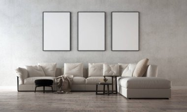 Modern çatı katı oturma odası ve beton duvar dokusu iç tasarım / 3D görüntüleme