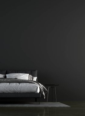 Modern konforlu yatak odası ve siyah duvar dokusu iç tasarım / 3D görüntüleme