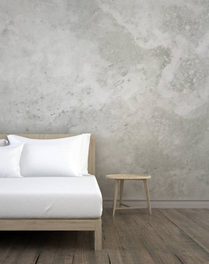 Minimum yatak odası ve beton duvarın iç tasarımı.