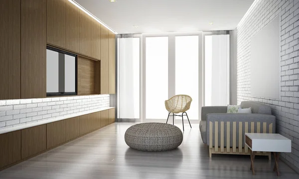 Moderne Tropische Slaapkamer Baksteen Muur Textuur Achtergrond Interieur Rendering — Stockfoto