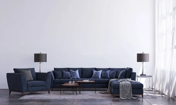 Modern lüks oturma odası ve beyaz duvar dokusu iç tasarım / 3D görüntüleme