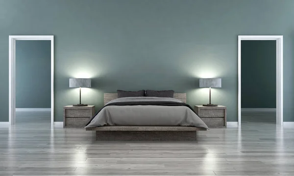 寝室と緑の壁のテクスチャの背景インテリアデザイン 3Dレンダリング — ストック写真