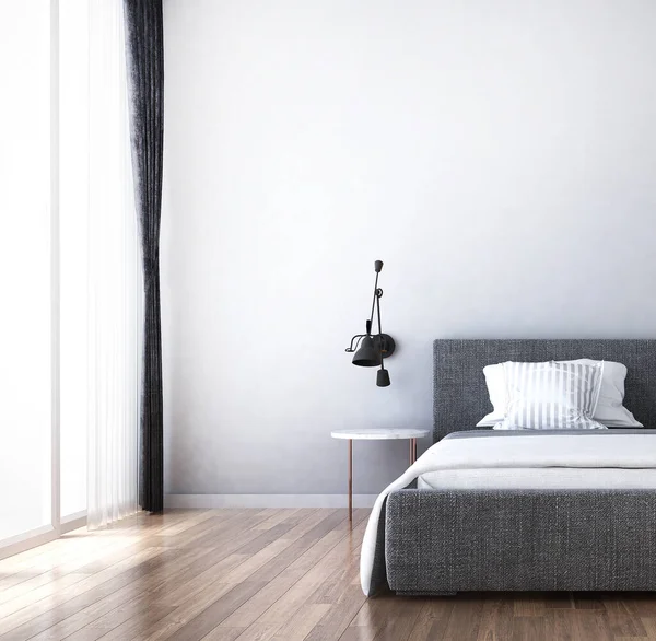 居心地の良いベッドルームと白い壁のテクスチャの背景インテリアデザイン 3Dレンダリング — ストック写真