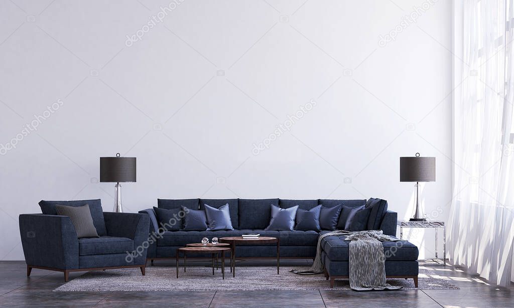 Modern luxury living room and white wall texture background interior design / 3D rendering
