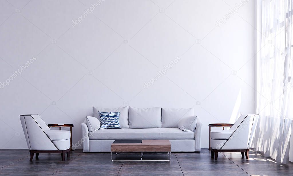 Modern cozy living room and white wall texture background interior design / 3D rendering