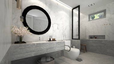 Güzel, modern, rahat banyo ve tuvalet iç tasarım ve mermer döşeme duvarı arka planlarını taklit ediyor. 