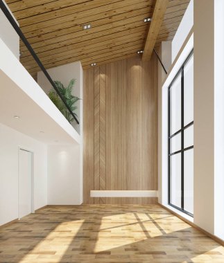 Modern lüks konforlu tropikal oturma odası, dinlenme odası ve ahşap duvar desenli arka plan.