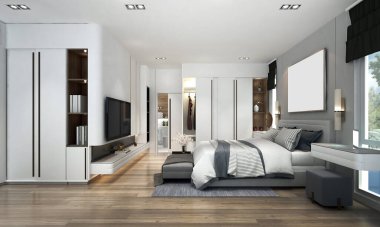 Mobilya ve dekorasyon iç tasarım alanı modern konforlu yatak odası ve duvar dokusu arkaplan / 3d