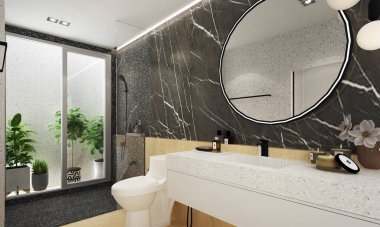 Mobilya ve dekorasyon modern banyo ve mermer duvar dokusu / 3D tasarım alanı