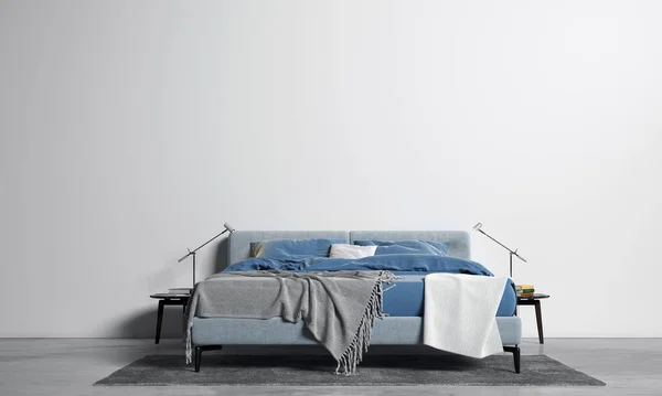 寝室と白い壁のテクスチャの背景 3Dレンダリングのモックアップ家具や装飾インテリアデザインスペース — ストック写真