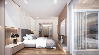 Modern yatak odası iç tasarımı ve beyaz desenli duvar arka planı.