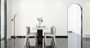 Lüks beyaz yemek odası iç tasarım ve beyaz desenli duvar arka planı ve ark koridoru.