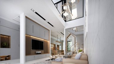 Minimum oturma odası iç tasarımı ve beyaz desenli duvar arkaplanı