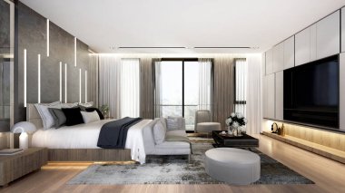 Lüks yatak odası iç tasarımı ve beyaz desenli duvar arka planı.