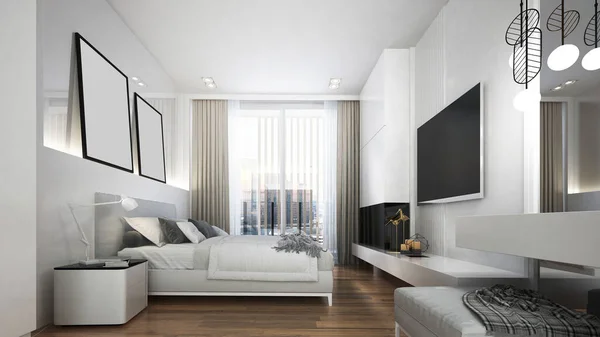 Diseño Interior Del Dormitorio Blanco Fondo Pared Patrón Blanco —  Fotos de Stock