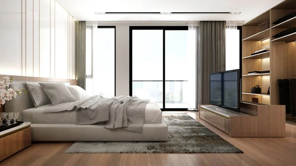 Die Luxuriöse Gemütliche Schlafzimmereinrichtung Und Das Weiße Muster Der Wand — Stockfoto